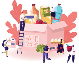 Logo for Pard Pantry; illustration depicts a large box filled with groceries, including orange juice, a tomato, and sports drinks. Next to the box, an illustrated person is climbing a ladder to retrieve items. Other illustrated people carry items: milk, broccoli, eggs, and an apple.