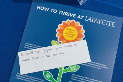 How To Thrive at Lafayette pamphlet with hand-written inspiring message