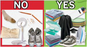 Left side, image of items that cannot be donated: dirty sock, broken pencil, old pillow, broken fan, old shoes. Right side, image of items that can be donated: clean clothes folded in a pile, colored pencils, cap and gown, reusable clamshell, clean folded towels, clean dishes, new shoes, clothes iron.