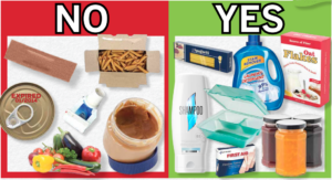 Left side, images of items that cannot be donated: open pasta box, expired can of food, used toothpaste bottle, fresh fruit, bandaid, opened peanut butter container. Right side, items that can be donated: unopened box of pasta, unopened laundry detergent, unopened oat box, new shampoo, reusable clamshell container, unopened bandaid box, unopened jar of preserves
