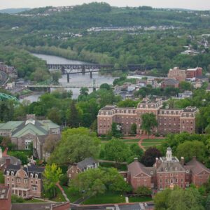 An aerial shot of Lafayette College and the city of Easton